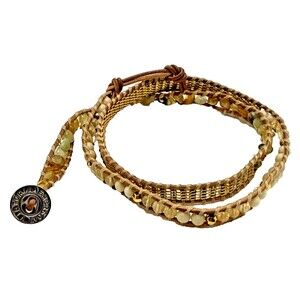 VICTORIA EMERSON Leather Wrap Bracelet Semi Precious Stone Bead Boho Signed 21"